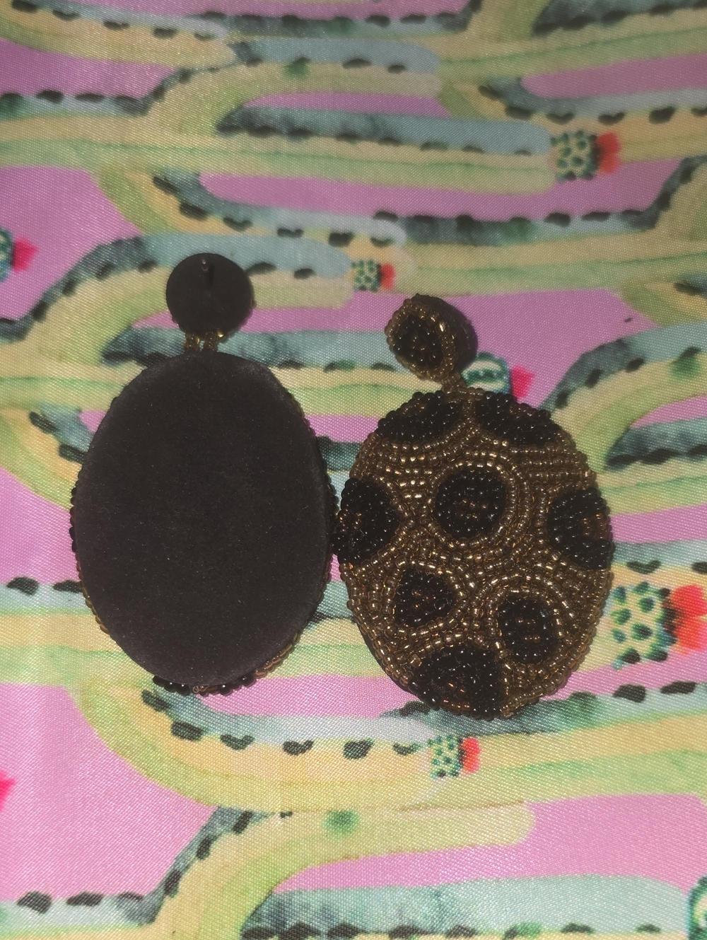 Beaded Black and Gold Oval Drop Earrings